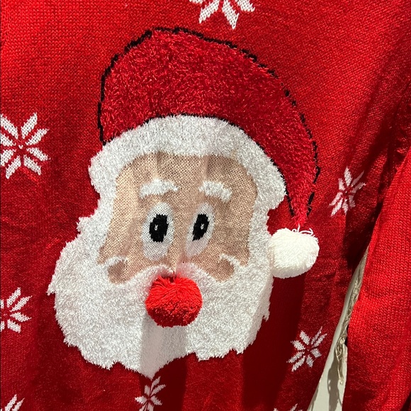 🎅🏻❄️ Red Santa Sweater with Snowflakes, Santa face with pom pom nose & hat ball! - Picture 4 of 13